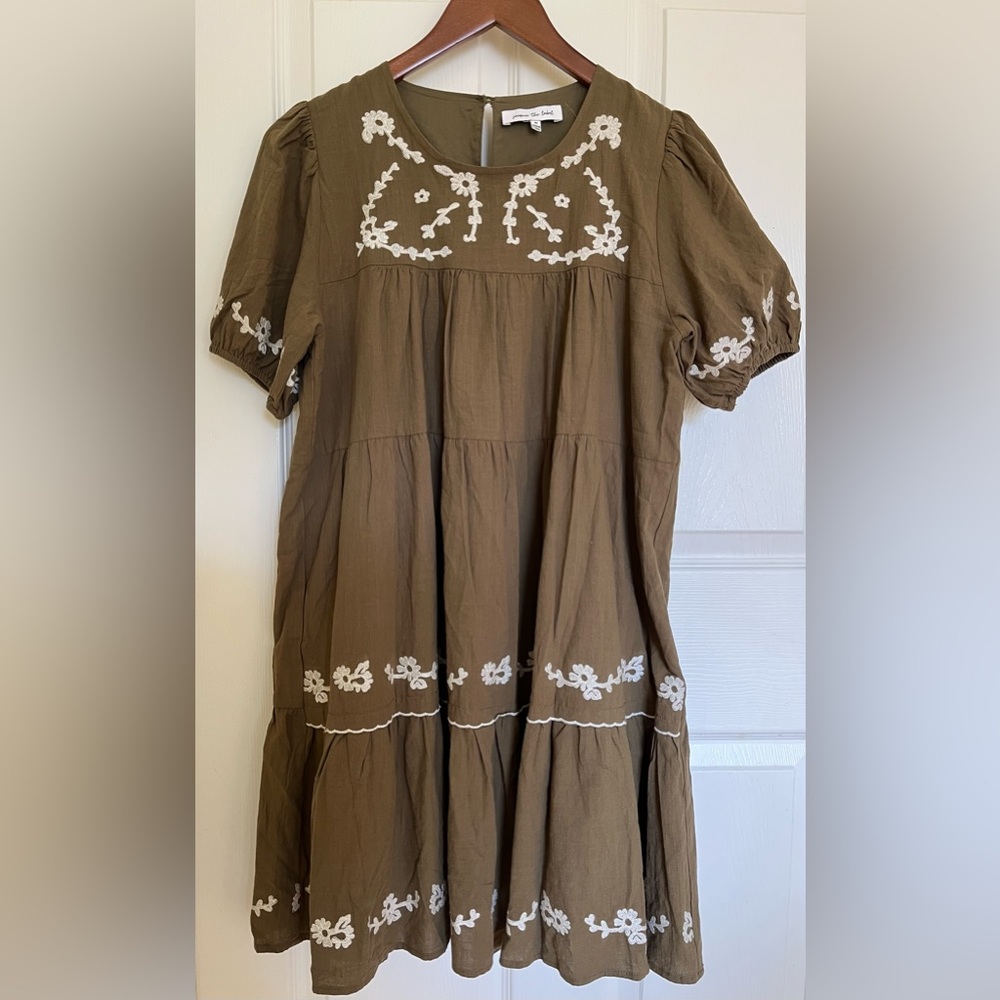 NWOT - Jacquie the Label 100% Cotton Flare Dress with Embroidery- Khaki - size M